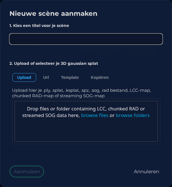 Dialoogvenster Scène aanmaken