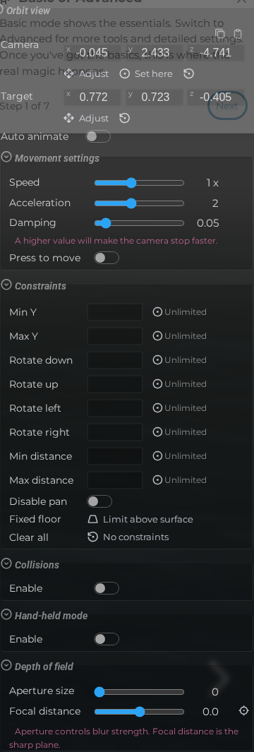 Scene Properties – Camera – Orbit