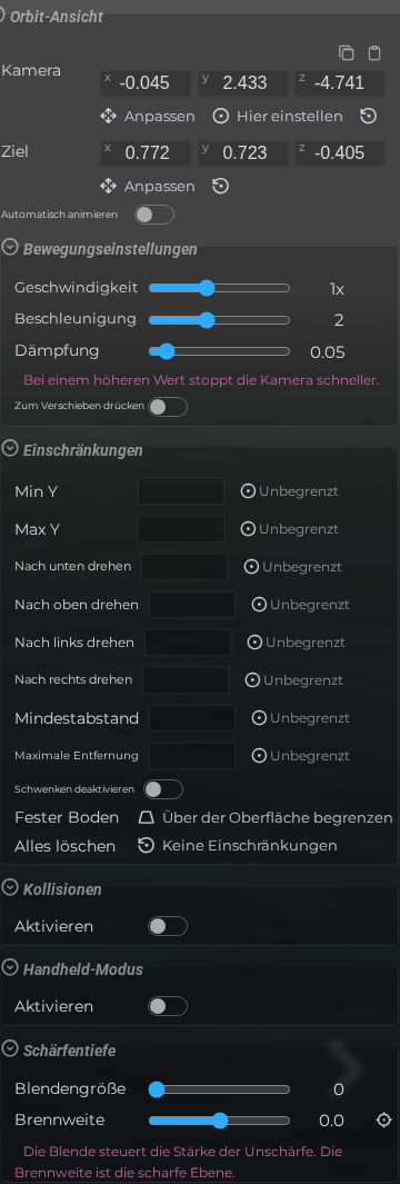Szeneneigenschaften - Orbitkamera