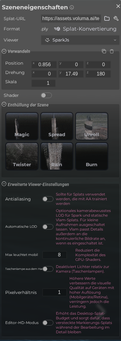 Szeneneigenschaften - Splat