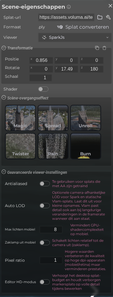Scène-eigenschappen – Splat
