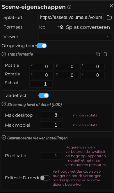 Scène-eigenschappen – Splat (LCC)